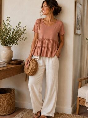 Anthropologie Tiered Peplum Top Dusty Rose Blush Pink Short Sleeve Boho Small